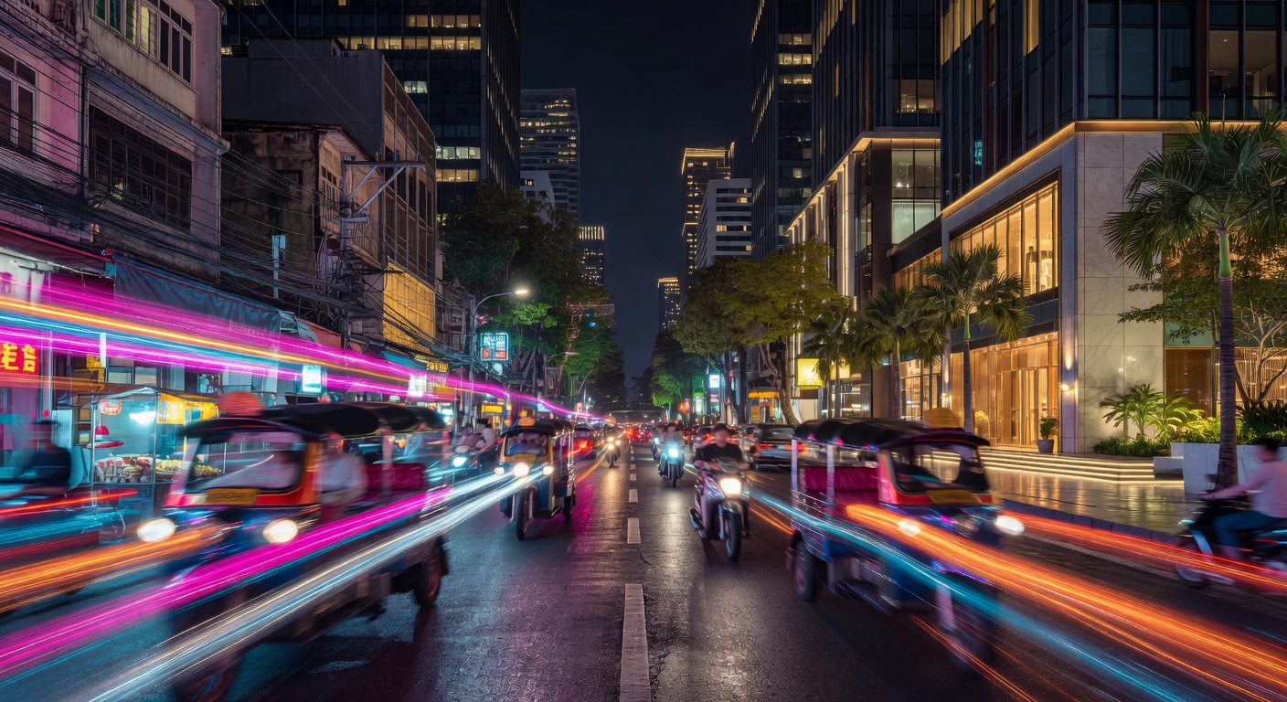 Blurred neon lights of a vibrant Bangkok night street transitioning into luxury