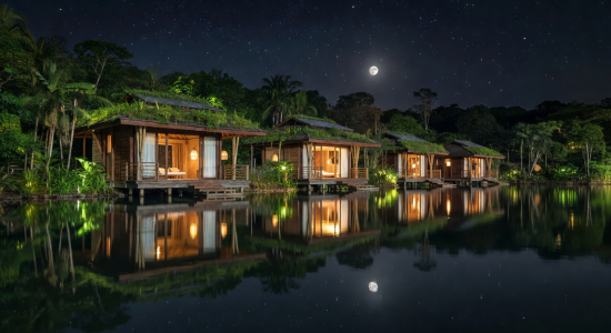 Luxurious eco-resort at night reflecting in calm waters